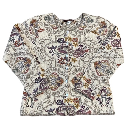 PERUVIAN CONNECTION Alpaca Cardigan Sweater Cream Floral Size Medium - Picture 2 of 11